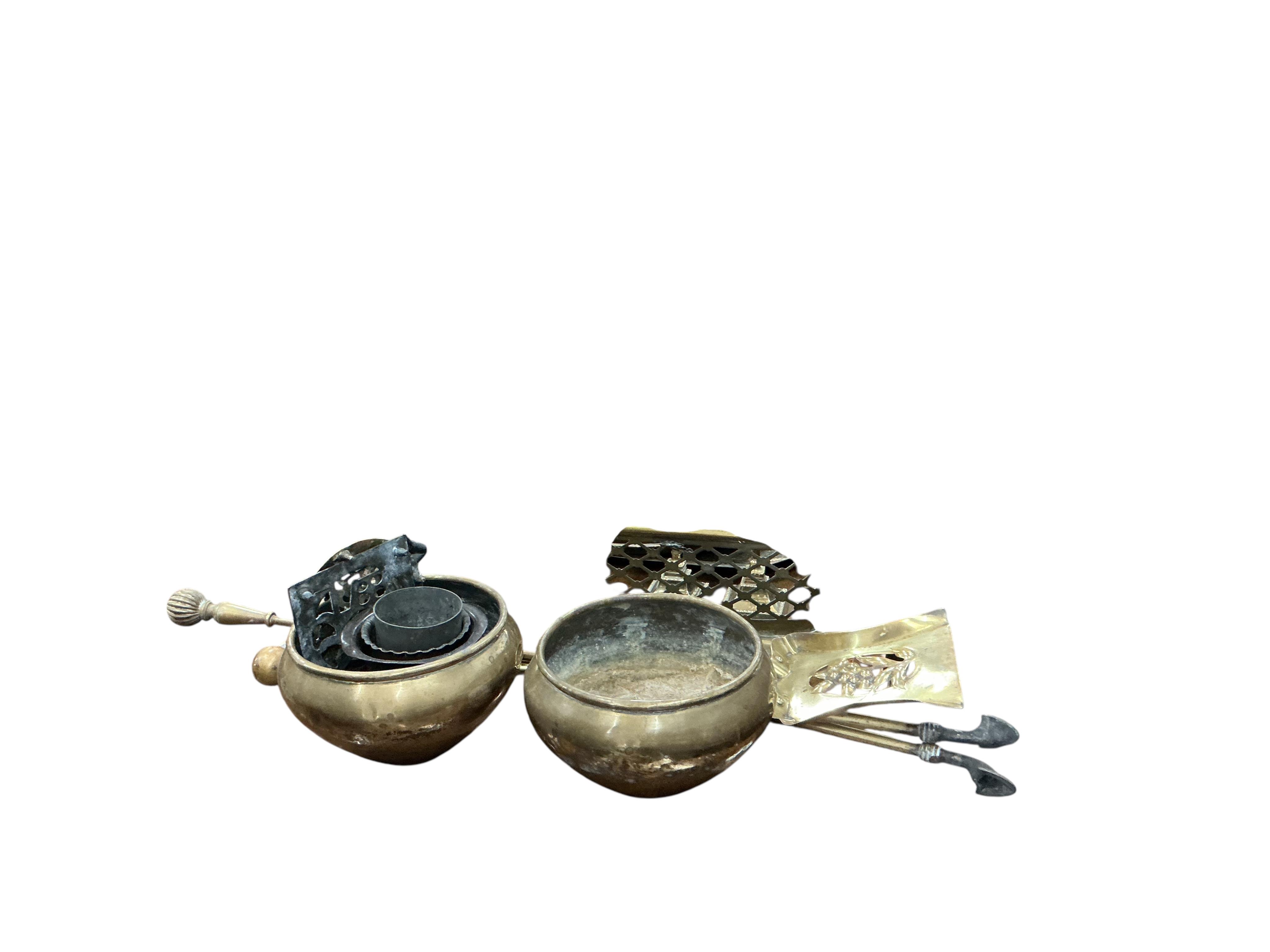 A 19th century brass bound hardwood grain measure, a Victorian embossed copper coal scuttle and a quantity of assorted metalware